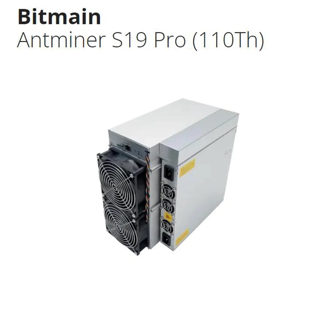 

Antminer S19 Pro (110Th) from Bitmain mining SHA-256 algorithm with a maximum hashrate of 110Th/s for a power consumption of 325