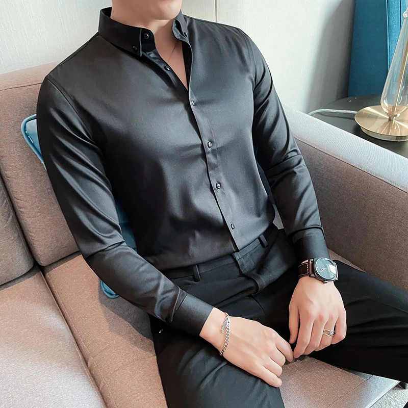 

5XL-M Plus Size Long Sleeve Shirt For Men Clothing 2023 Simple Business Formal Wear Slim Fit Office Blouse Homme 9Colors
