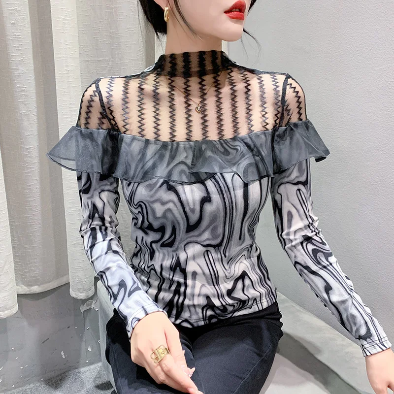 

Real Photos Early Autumn Tops Girl Patched Ruffles Mesh Turtleneck Full Sleeve T Shirt Women Fashion Printing Tees Tshirts