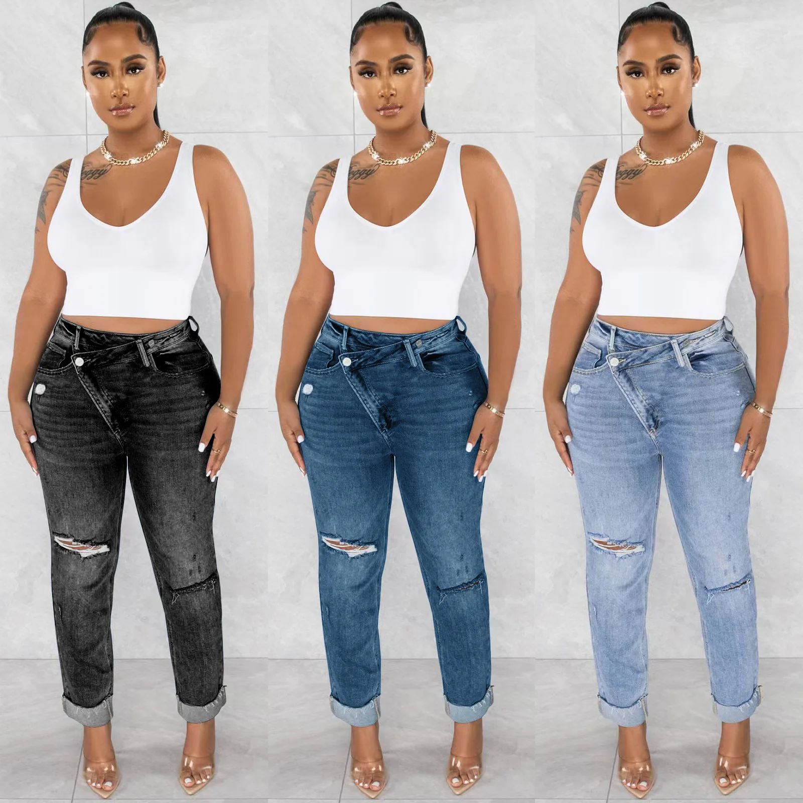 Ripped Hole Women Jeans Personalized Diagonal Buckle High Waist Skinny Denim Pencil Pants 2023 Summer Elegant Office Lady Capris