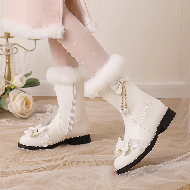 Бесплатная доставка зима 2023 милые стильные меховые сапоги до середины икры с