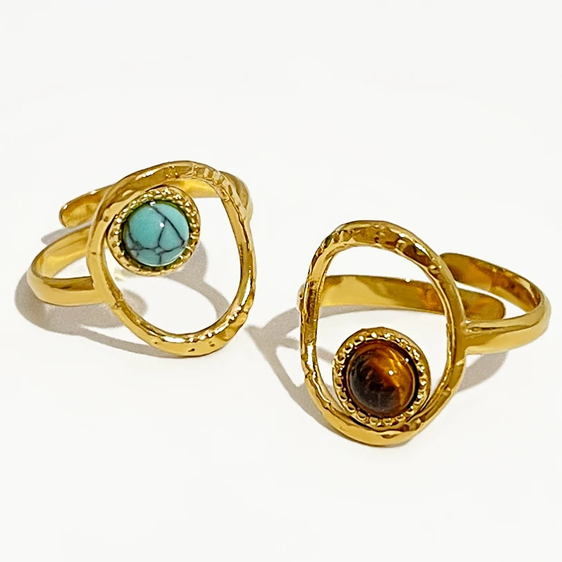 

Peri'sBox Tiger Eye Turquoise Natural Stone Ring for Women Adjustable Gold Color Hollow Stainless Steel Gem Rings кольцо женское