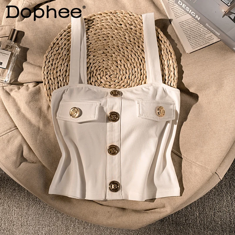 

Женский летний топ без рукавов на пуговицах с надписью