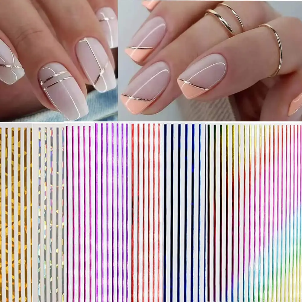 

1Sheet Strip Line Nails Stickers, 3D Metallic Laser Line Gold Silver Adhesive Striping Tape Nail Decals Nail Art Design Decor