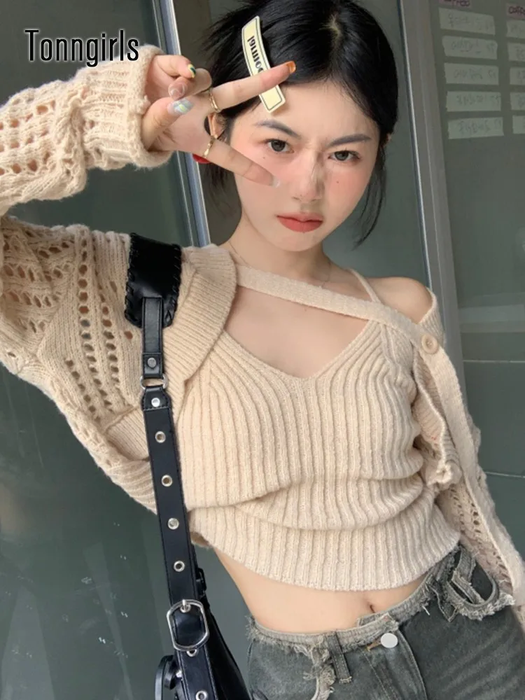 

Трикотажный Свитер Tonngirls Y2k, женские топы с длинным рукавом в стиле ретро, черный асимметричный кардиган + эластичная майка, зимний свитер