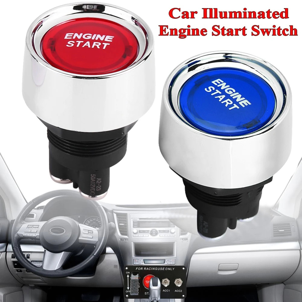 

1pc 12V/24V 50A Car Engine Start Push Button LED Light Ignition Starter Power Switch Push Button Start Red Button Chrome Frame