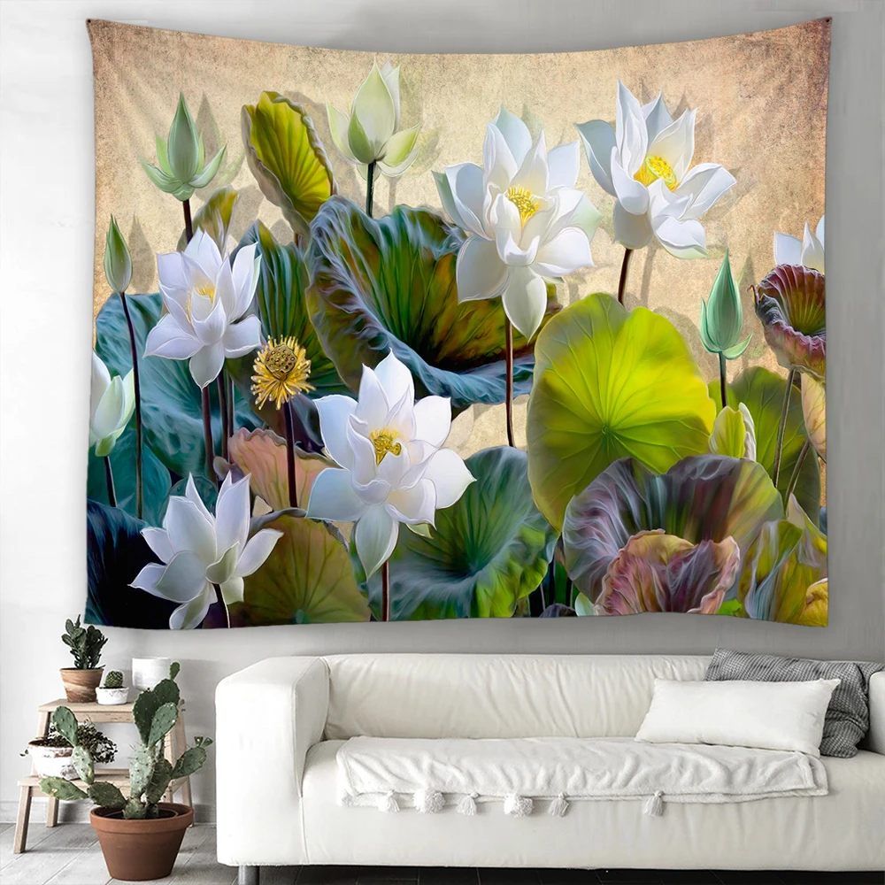 

Lotus Leaf Flower Tapestry Fresh Natural Floral Bohemian Hippie Tapestries Bedroom Living Room Home Decor Wall Hanging Carpet