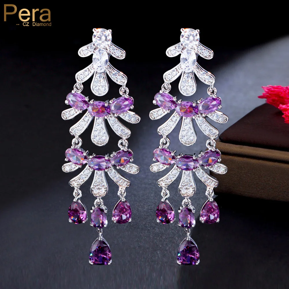 

Pera Fantastic Purple Cubic Zircon Silver Color Romantic Wedding Jewelry Long Dangling Flower Leaf Drop Earrings for Brides E022