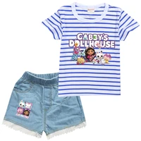 gabbys dollhouse girl clothes outfits kids striped tshirt denim shorts 2pcs sets for boys casual tracksuit children clothing