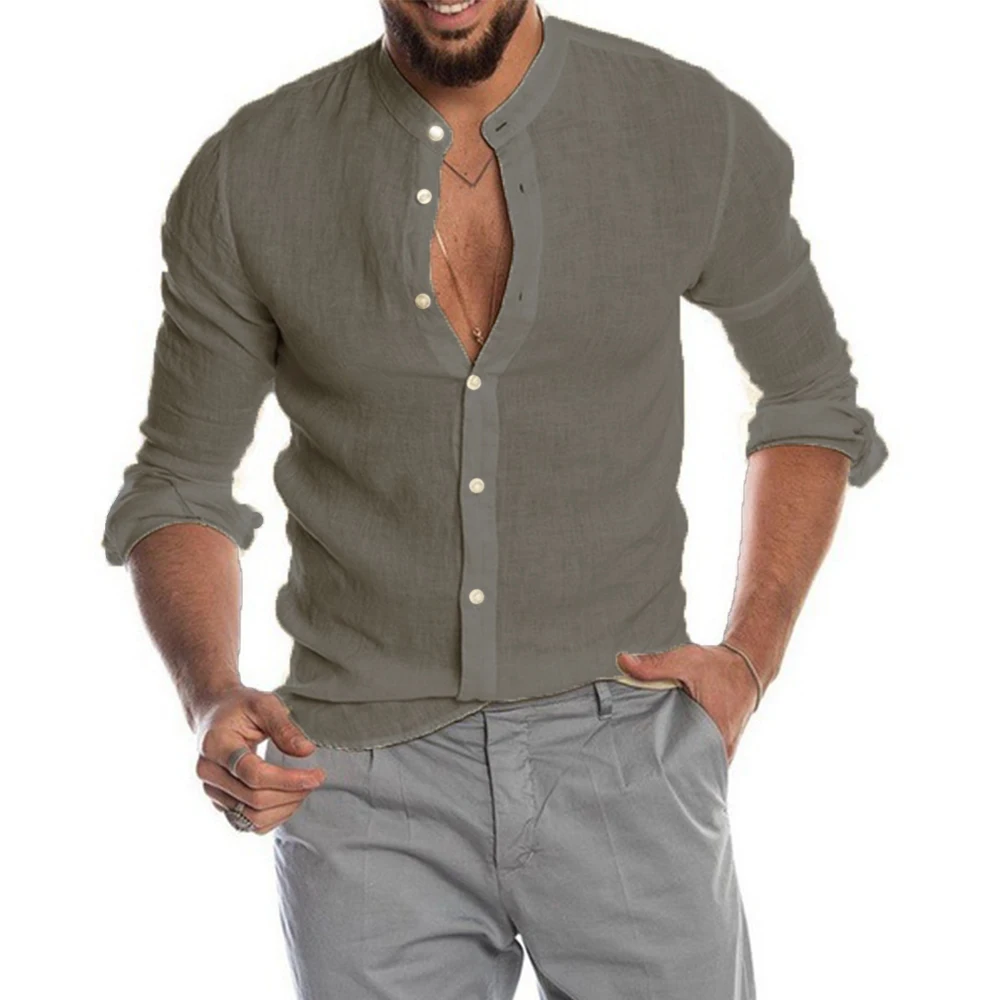 2022 Men's Long Sleeve Cardigan Stand Collar Long Sleeve Shirt Summer Solid Color Stand Collar Casual Beach Style Cotton Linen