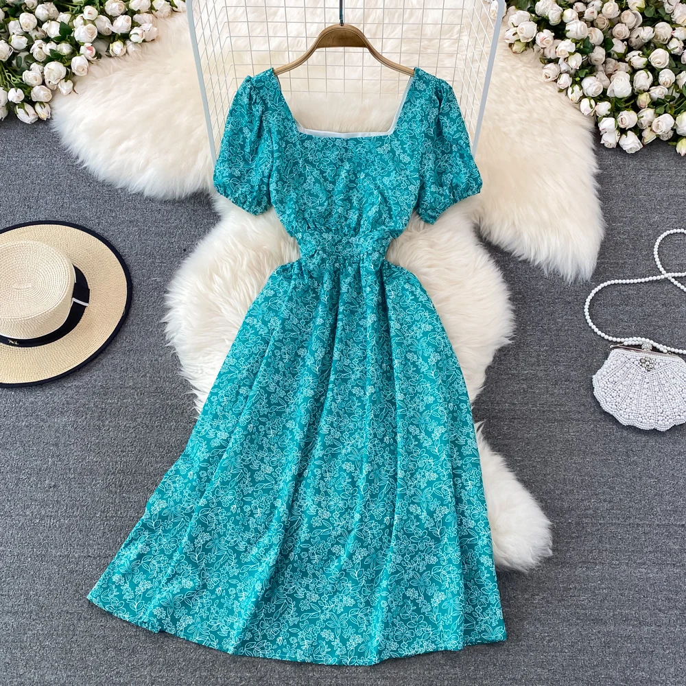 

Fashion Beach Dress Super Fairy Bali Blue Open Back Square Neck Bubble Sleeve Dress Seaside Holiday Dress