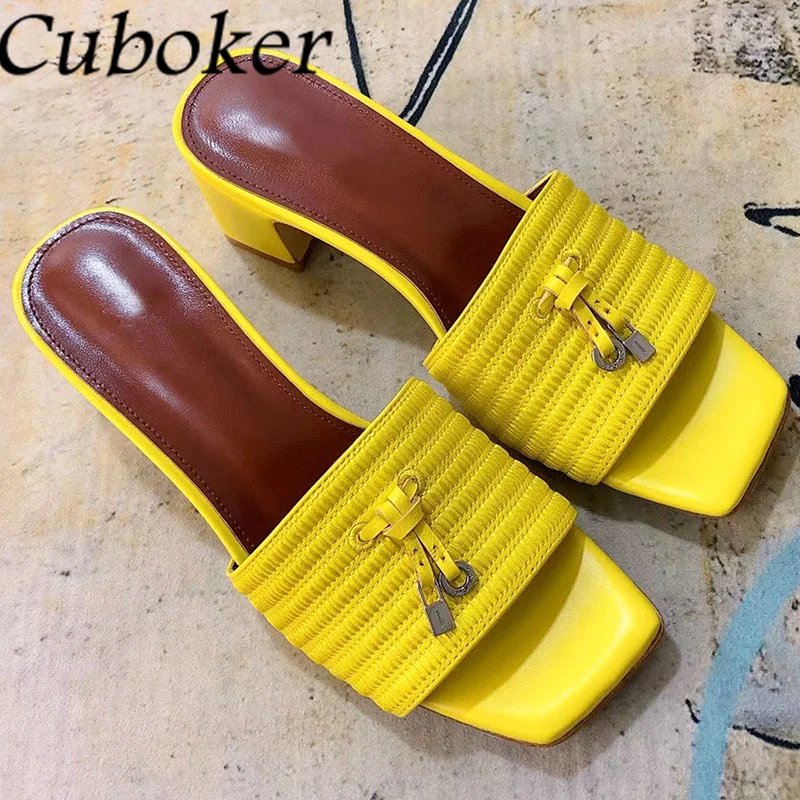 Женские мюли на квадратном каблуке летние туфли из искусственной кожи с открытым