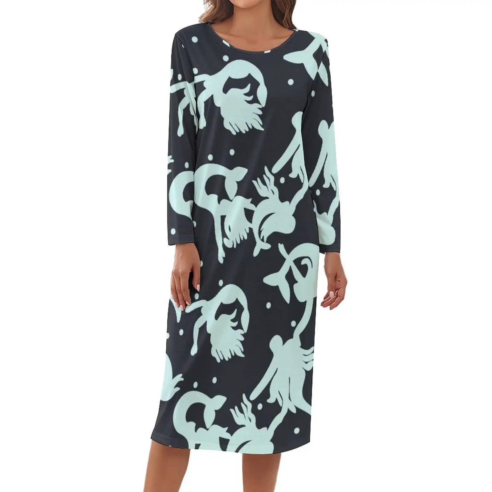 

Mermaid Silhouette Pajamas Cute Dots Print Kawaii Dresses Wholesale Long-Sleeve Print Nightgown Female O Neck Night Pajama