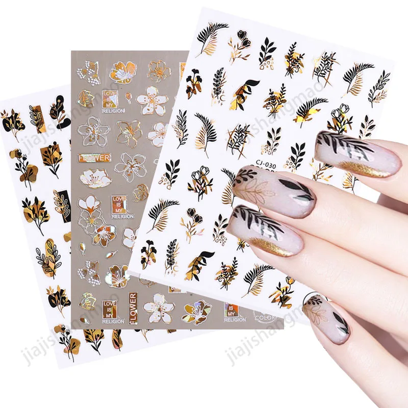 

Новейшие 3D наклейки для ногтей, ползунок, лазерные золотые листья, черный цветок, абстрактная Женская линия лица, аксессуары для дизайна ног...
