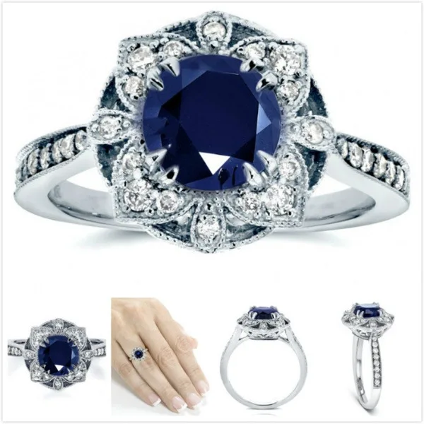 

Cross-border e-commerce hot sale jewelry European and American fashion carat diamond ring Sapphire flower ring