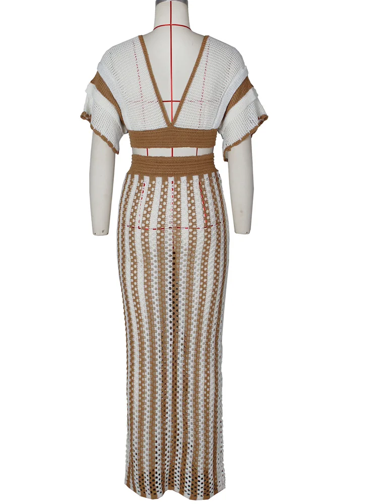 Beyprern полосатый принт V-образный вырез короткий рукав на шнуровке вязаный кроп-топ