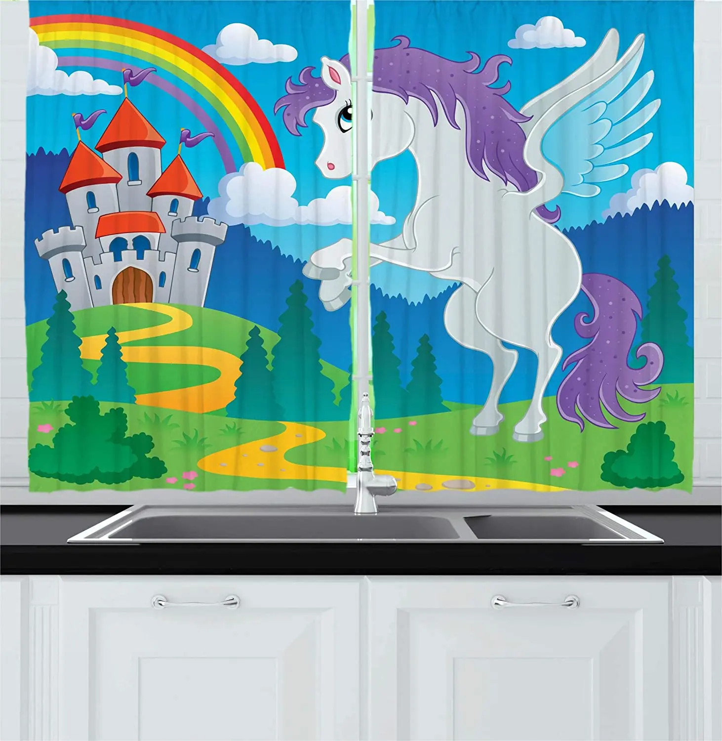 

Фантастический миф единорог с радугой и средневековым замком, феи сказочный мультфильм дизайн окна занавески Блэкаут Шторы для кухни кафе