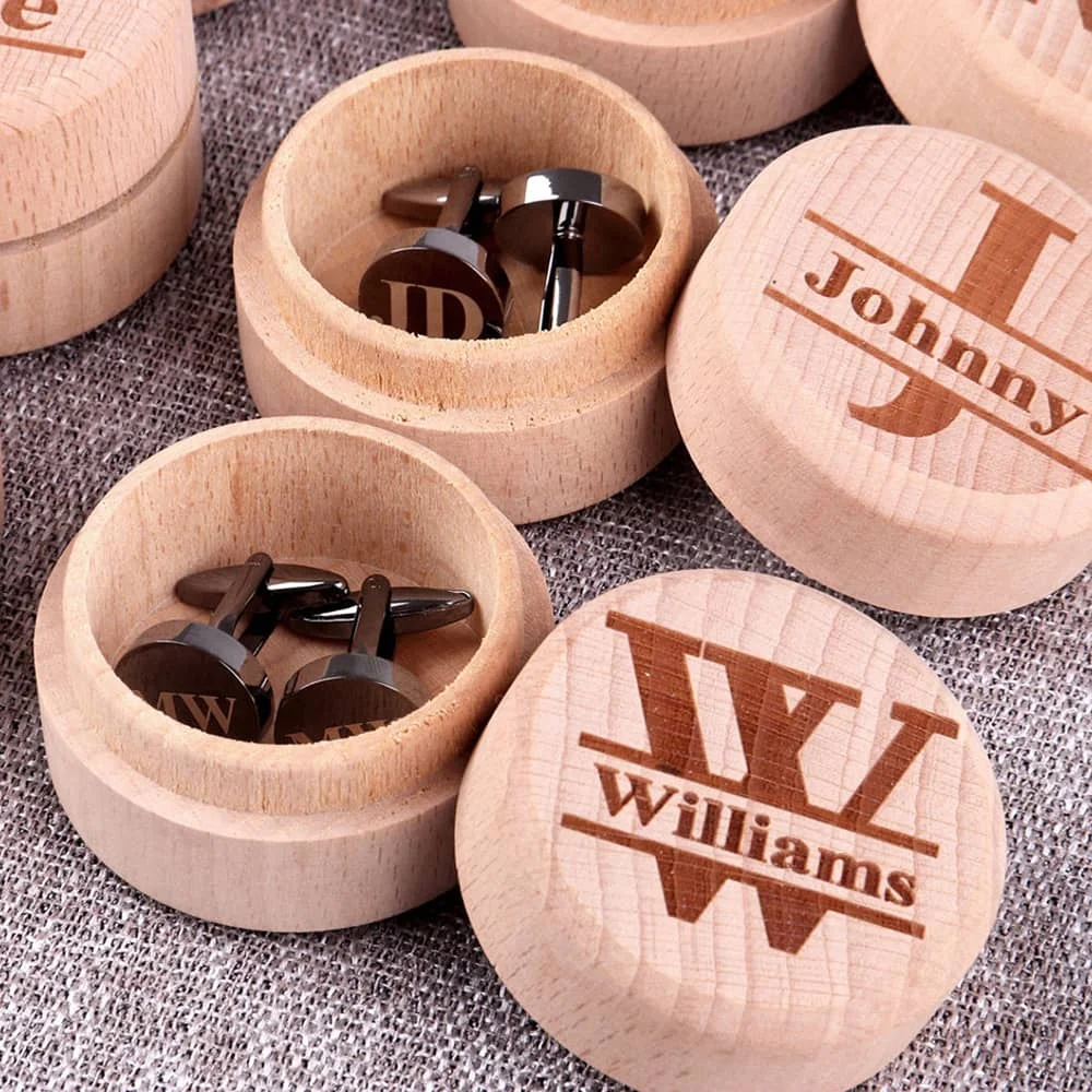 Custom Men's Round Cufflinks Personalized Stainless Steel Monogram Cufflinks With Wooden Box Wedding Groomsmen Gift Fashion