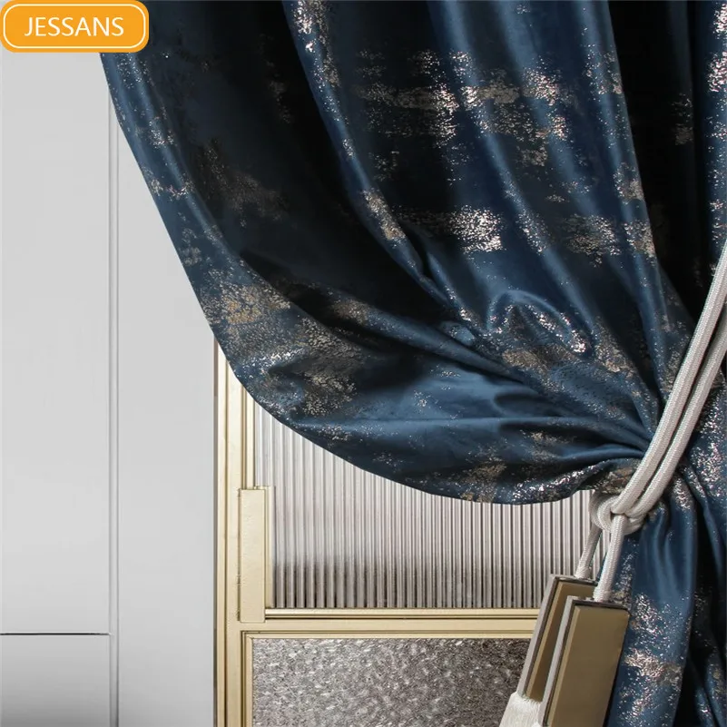 

High-grade Bronzing Flannel Retro Peacock Sapphire Blue Blackout Curtains for Living Room Bedroom Finished Custom