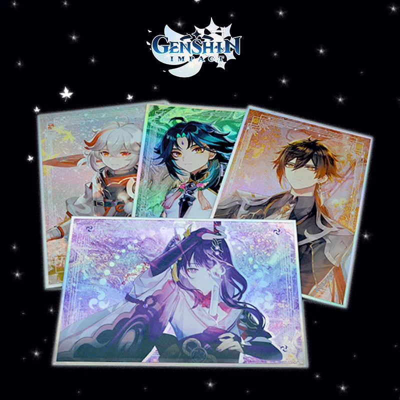 

4 шт. Лазерная ссветильник света Genshin Card Doujin Аниме двойная вспышка цветная бумага подарок коллекция большая игра Xiao Zhongli Raiden Shogun