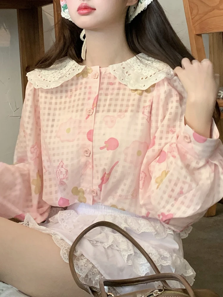 

KIMOKOKM Autumn Preppy Style Sweet Lace Peter Pan Collar Japanese Girly Shirt Flower Single Breasted Kawaii Full Sleeve Shirt