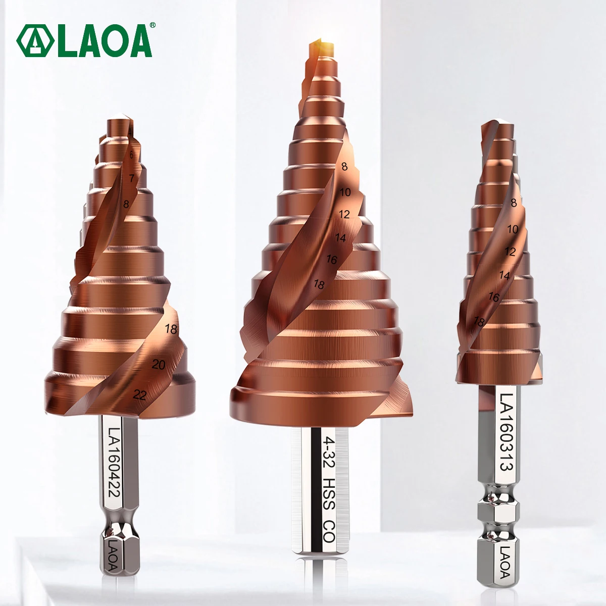 

LAOA Pagoda Step Drill Bit 3-13mm 4-22mm 4-32mm HSS-CO M35 Hex Triangle Spiral Grooved Wood Metal Hole Cutter Drilling Tools Set