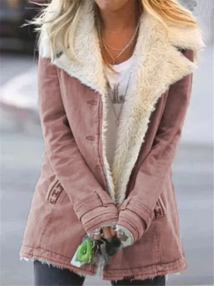Autumn And Winter Women's Lapel Plus Velvet Thickened Coat Women's Casual Solid Color Button Slim Plush Coat Office Warm Top