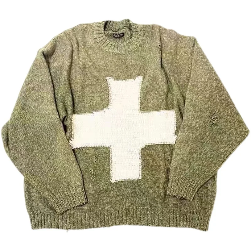 

KAPITAL MAN Hirata Hohiro Loose Cross Printed Sweater Autumn Winter Slouchy Couple Knit Fashion Top Knitted Wool Blend Pullover