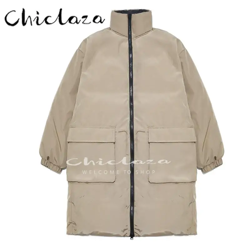 

CHICLAZA 2022 New Winter Black Double Sided Wear Jacket Woman Casual Long Sleeve Zipper Pocket Warm Loose Parka Coat