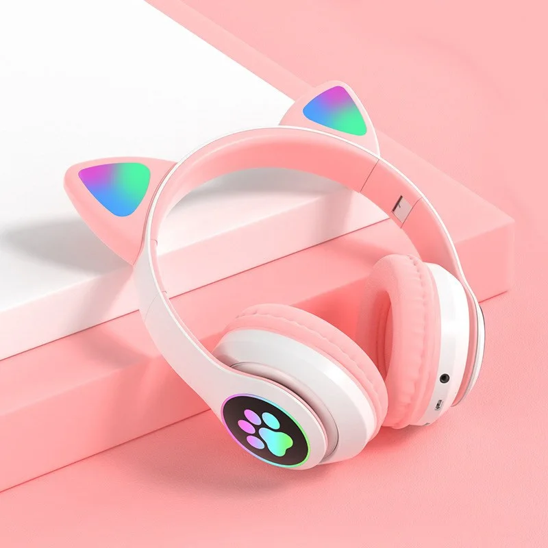 

LED Flash Cute Cat Ears Wireless Headphone With Microphone Stereo Bluetooth Headset Support TF Card for Kids Girl Music Gift