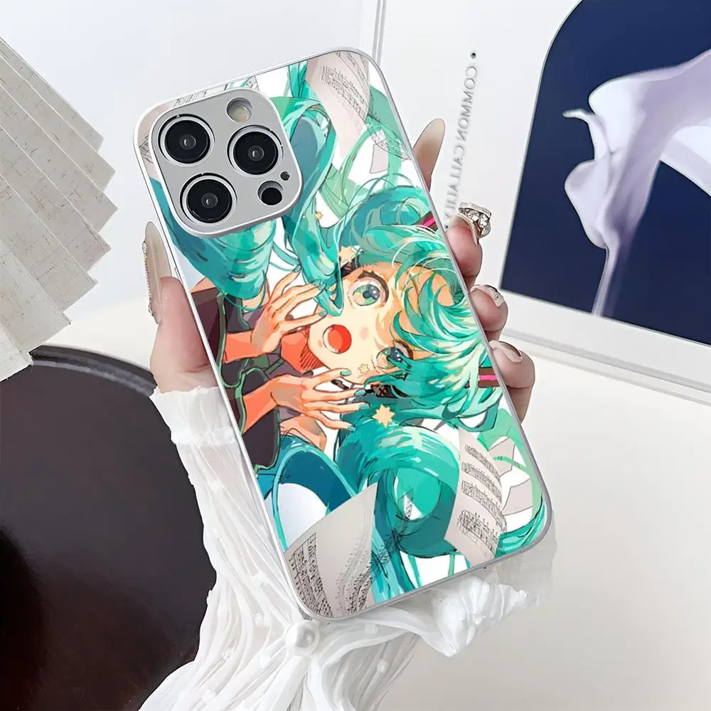 Милый чехол для телефона H-Hatsune M-Miku MINISO с гальваническим стеклом Iphone 16-11 Plus ProMax X XR