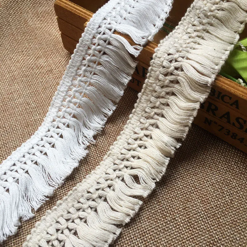

5yard Beige 3.5cm Wide Tassel Trim Weaved Ribbon Lace Fabric Webbing Cotton Thread Material White DIY Curtain 3D Sewing Craft
