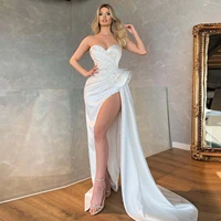 white fashion sexy elegant evening dress strapless floor length with train high split crystals pearls prom dress custom made