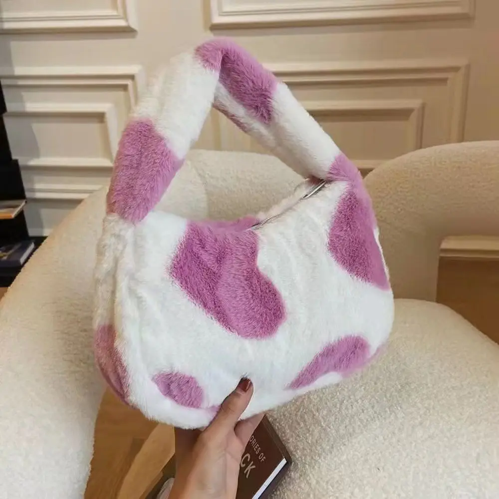 

Warm Love Heart Furry Travel Phone Pouch Fluffy Soft Female Shoulder Bags Handbag Underarm Bags Plush Women's Bag