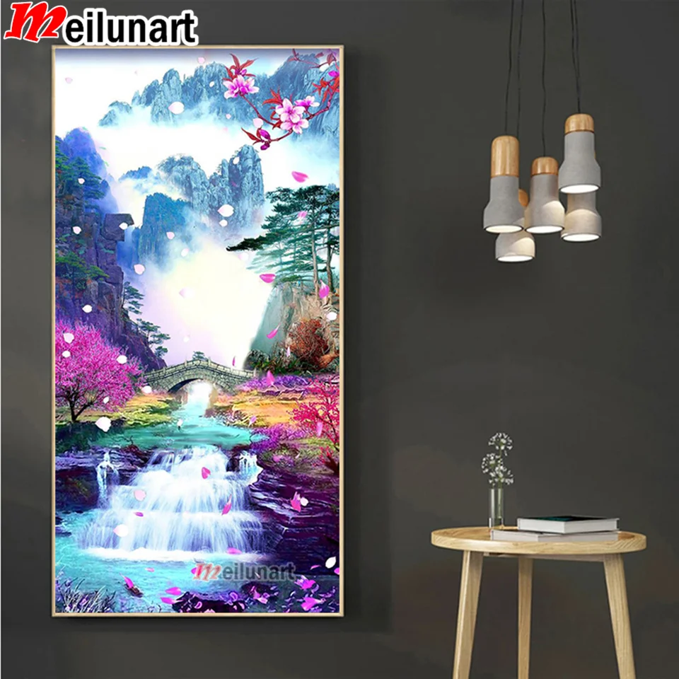 

Алмазная 5d картина «сделай сам» с красивым водопадом, круглая/квадратная мозаика, вышивка цветами вишни и горами, ручная работа, подарок AS2357