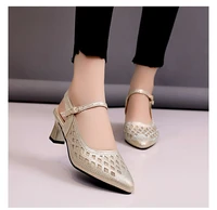 comfortable summer soft bottom women shoes mesh pointed toe breathable med heels sandals ladies buckle crystal mother shoes new