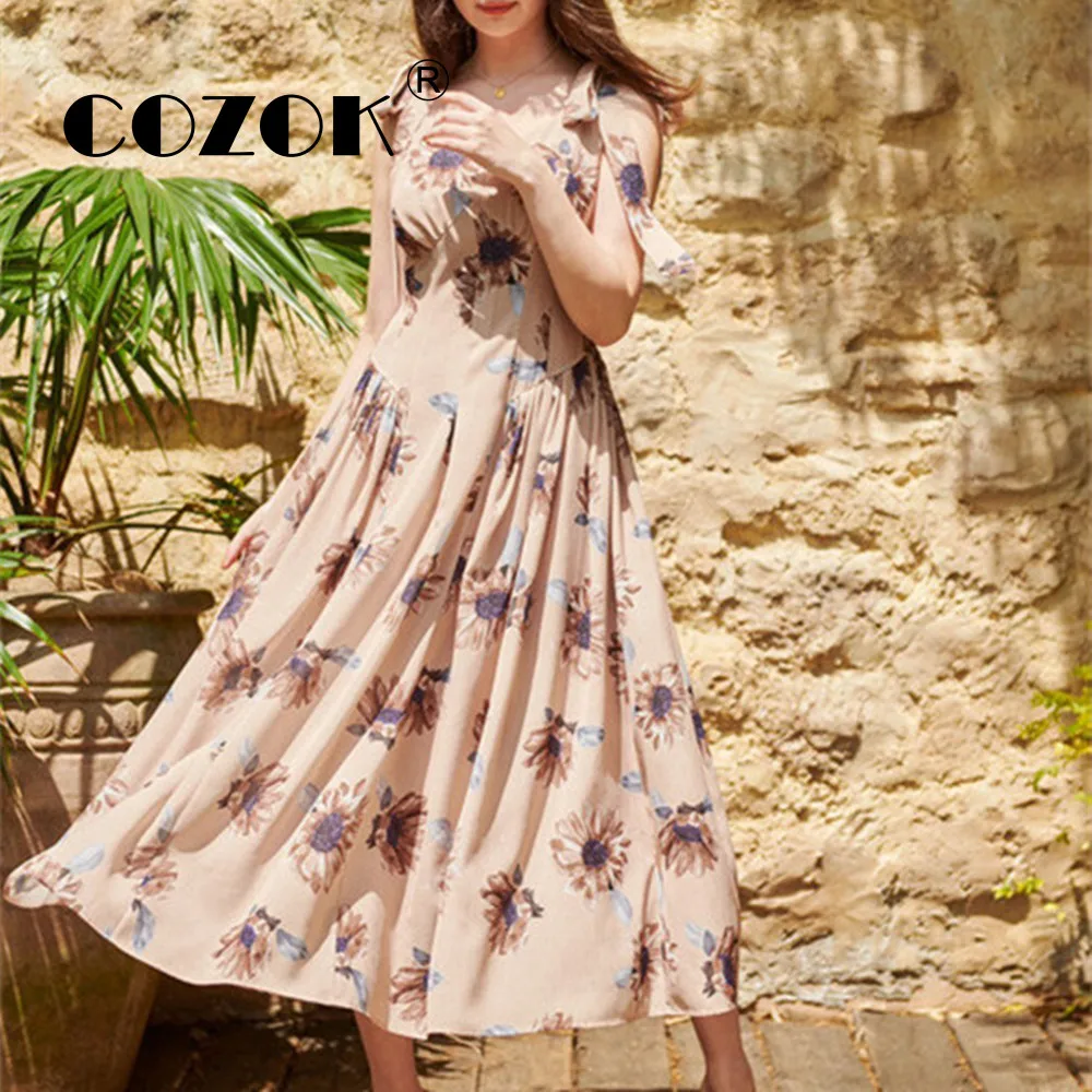 

Cozok Japanese New Temperament Robe Sexy O-Neck Sleeveles Bowknot Shoulder Sweet Vestidos Printed Slim Waist Gentle Fairy Dress