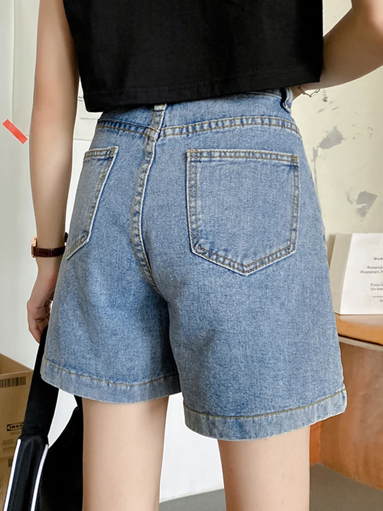 New Summer Women High Waist Wide Leg Blue Denim Shorts Streetwear Female Retro Button Jeans Shorts Bottoms