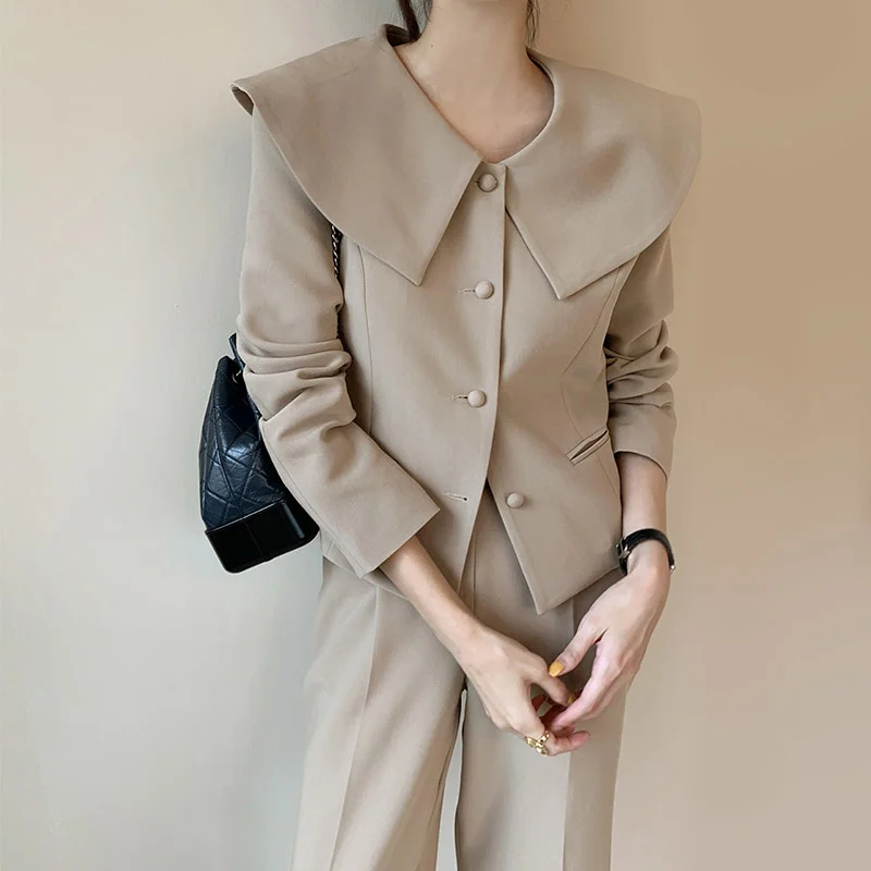 

Autumn Winter Two Piece Set Women Outfits Long Sleeve Single Breasted Blouses and High Waist Wide Leg Long Tracksuit Pants