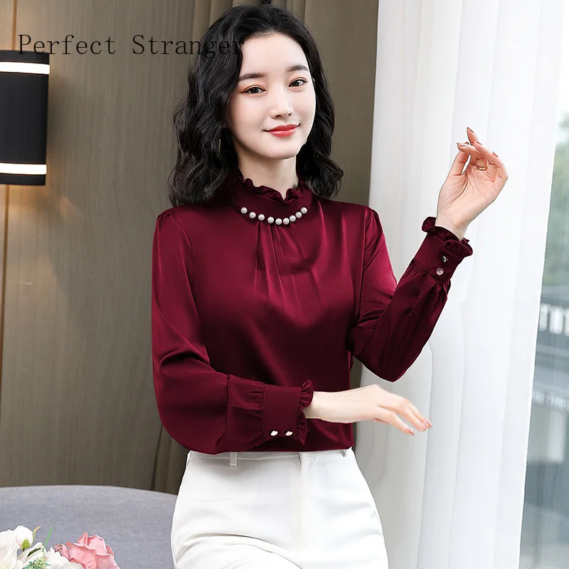 

2022 Fashion Silk Women Blouses Beading Satin Long Sleeve Women Shirts Red Office Lady Blusas Femininas Elegante Ladies Tops