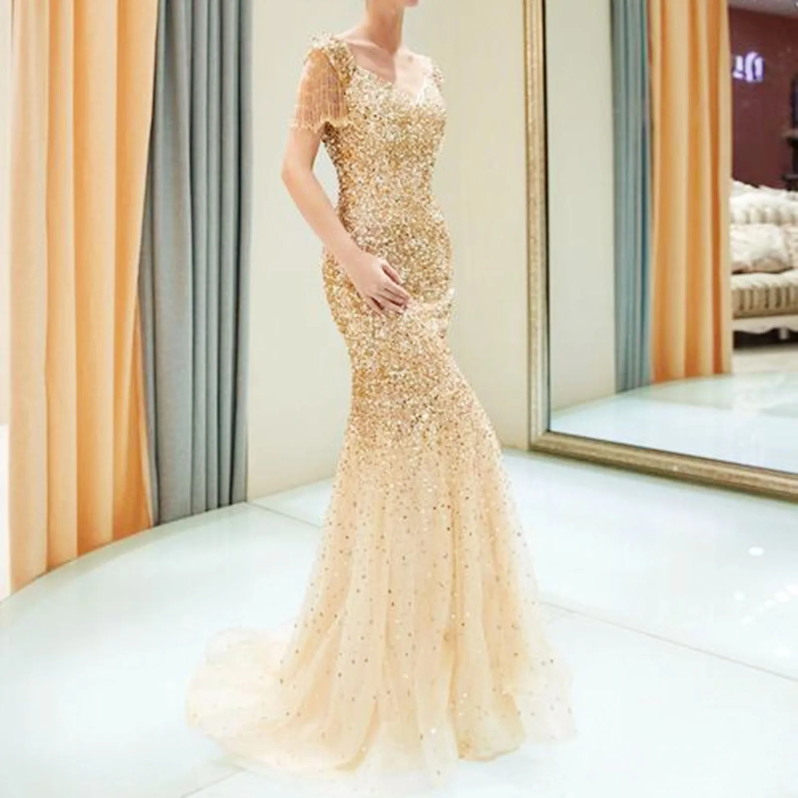 

Women Mermaid Prom Long Dress Elegant Gold Sequins Dresses V Neck Short Sleeve Split Slim Sexy High Waist Party Evening Dress