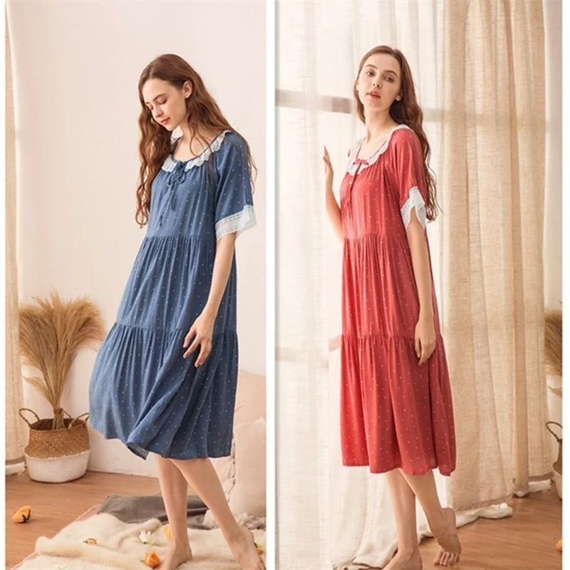 Spring Nightgowns for Women Cotton Floral Lace Short Sleeve Summer Comfort Nightdress New Spring Home Dressing Gown for Sleeping