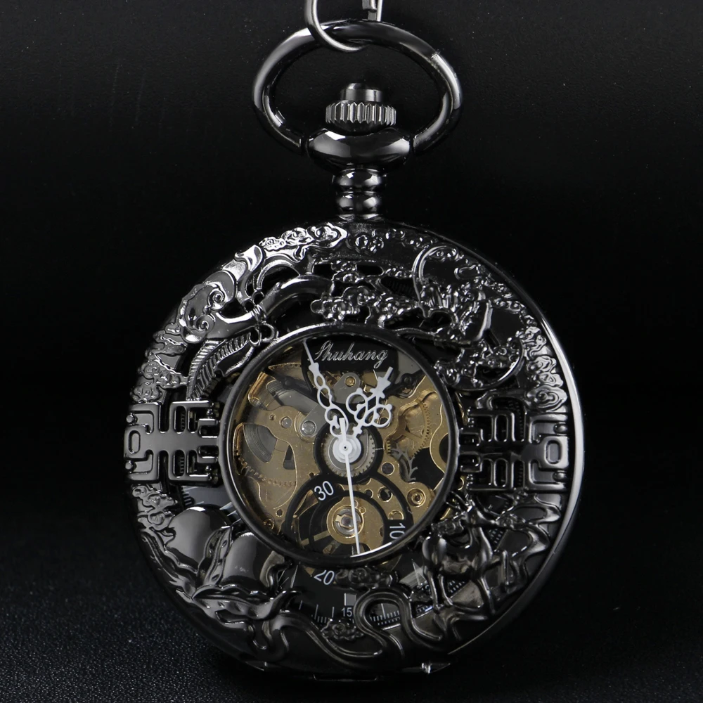 Vintage Black Hollow Skeleton Mechanical Pocket Watch Men's Fob Chain Steel Exquisite Animal Sculpture Women's Pocket Watch Gift