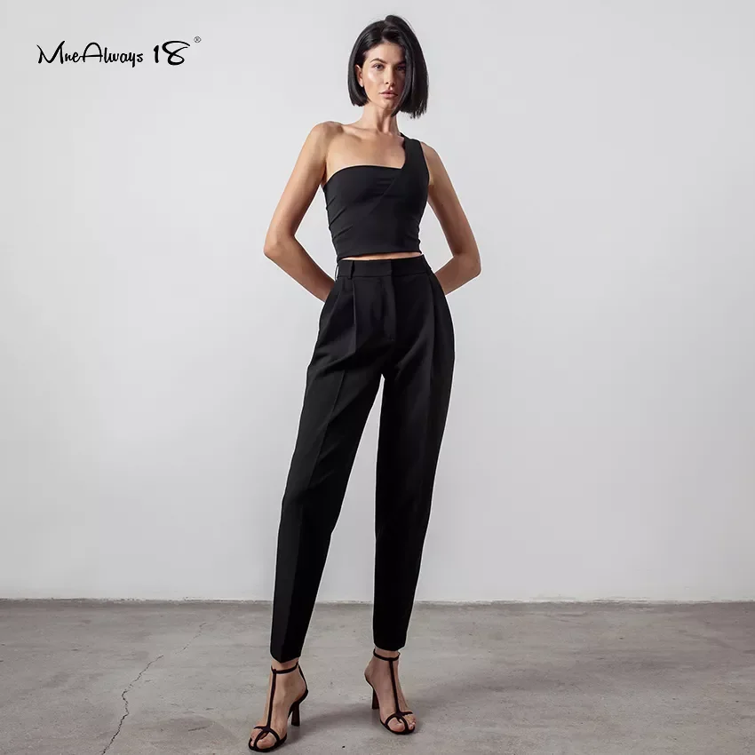 

Mnealways18 Pleated High Waist Pencil Pants Black Business Work Trousers Women Soild Ankle-Length Ladies Trousers Office Zipper
