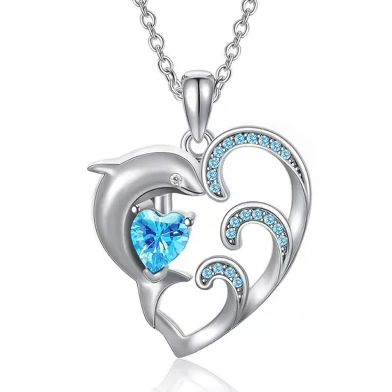 

Blue Love Crystal Heart Shape Pendant Necklace Dolphin Sea Wave Animal Jewelry for Girls