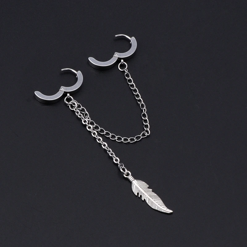 Fashion Earrings for Men Titanium Feather Pendant Double Long Chain Women Korean Jewelry | Украшения и аксессуары
