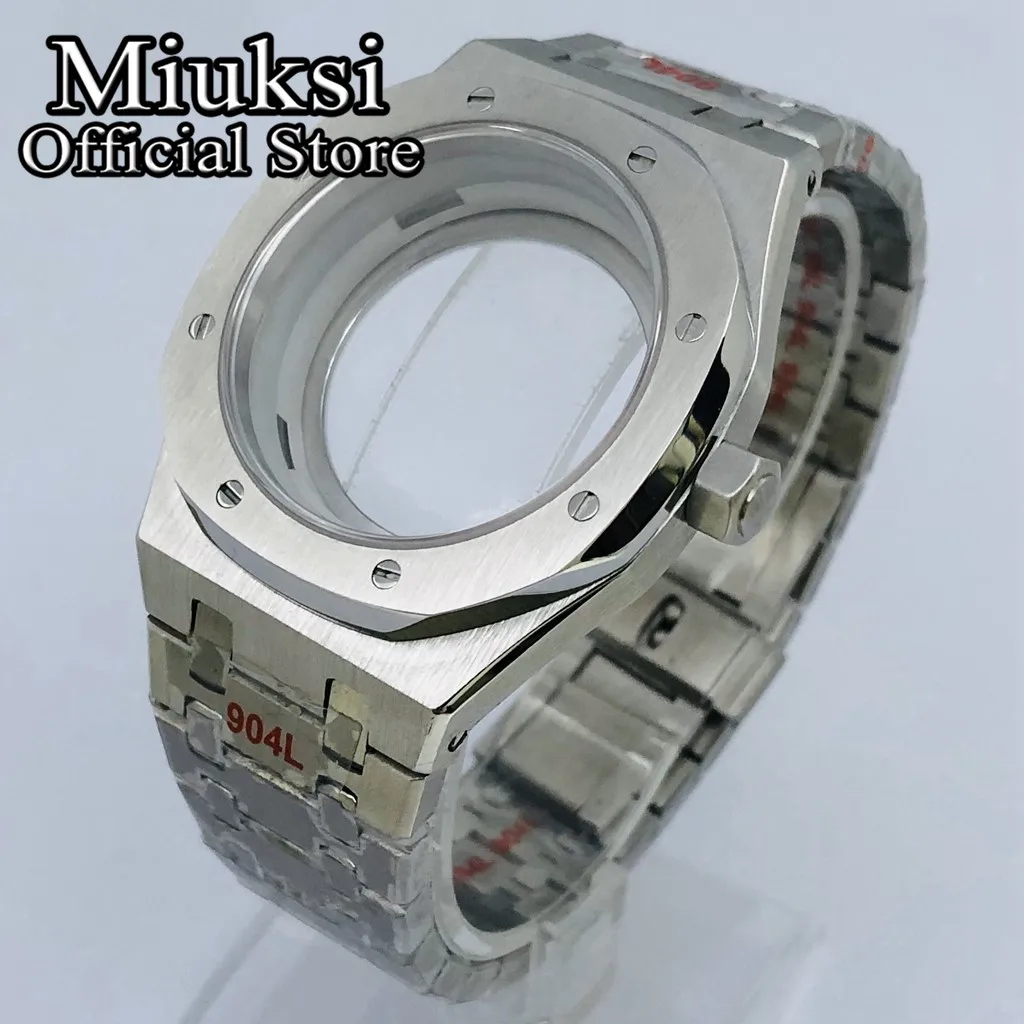 Miuksi 41mm silver watch case sapphire glass fit NH35 NH36 ETA2824 PT5000 movement