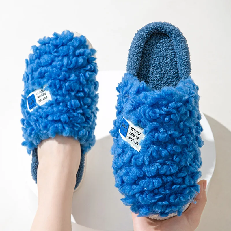 

Winter Home Slippers Women 2023 Closed Toe Warm Fluffy Slippers Woman Soft Thick Sole Cotton Shoes Female Non-Slip Couple Slides