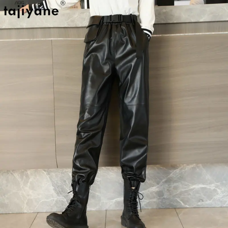 

2023 New Genuine Leather Pants Women Casual Bloomers Pants for Women Elastic Waist Boot Pants Sheepskin Trousers Pantalon Femme