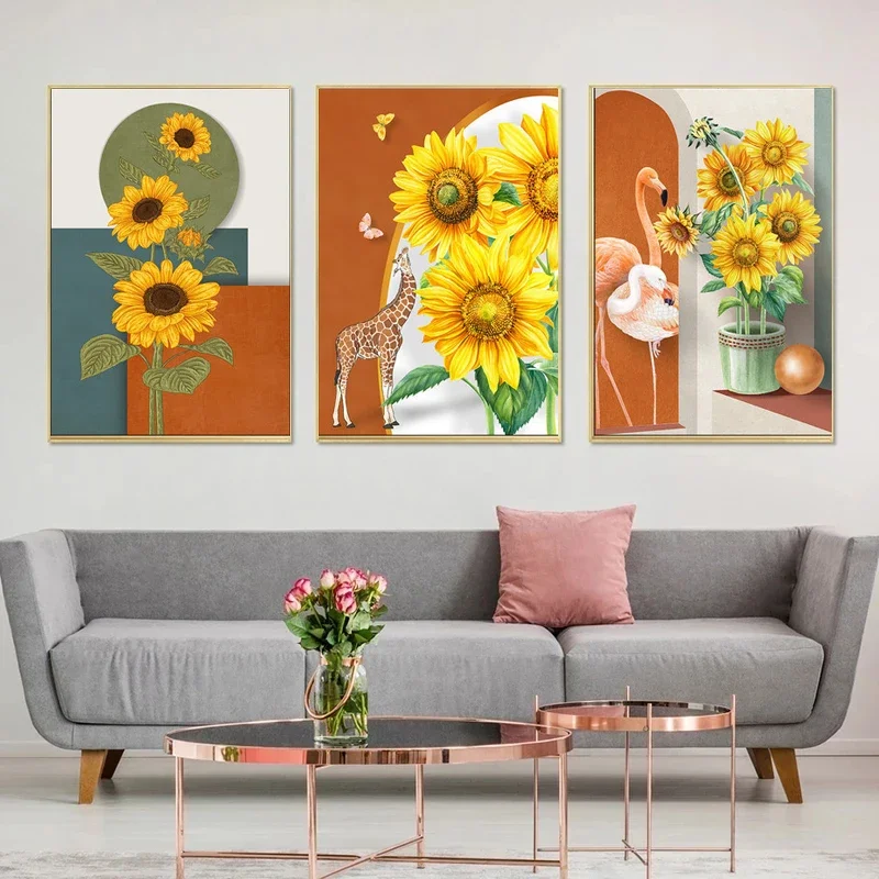 Плакат с подсолнухами и бабочками на холсте